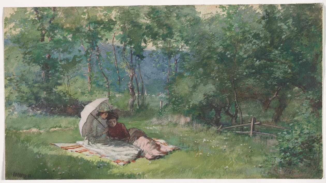 Dwie kobiety czytające na polu autorstwa Arthur Bowen Davies