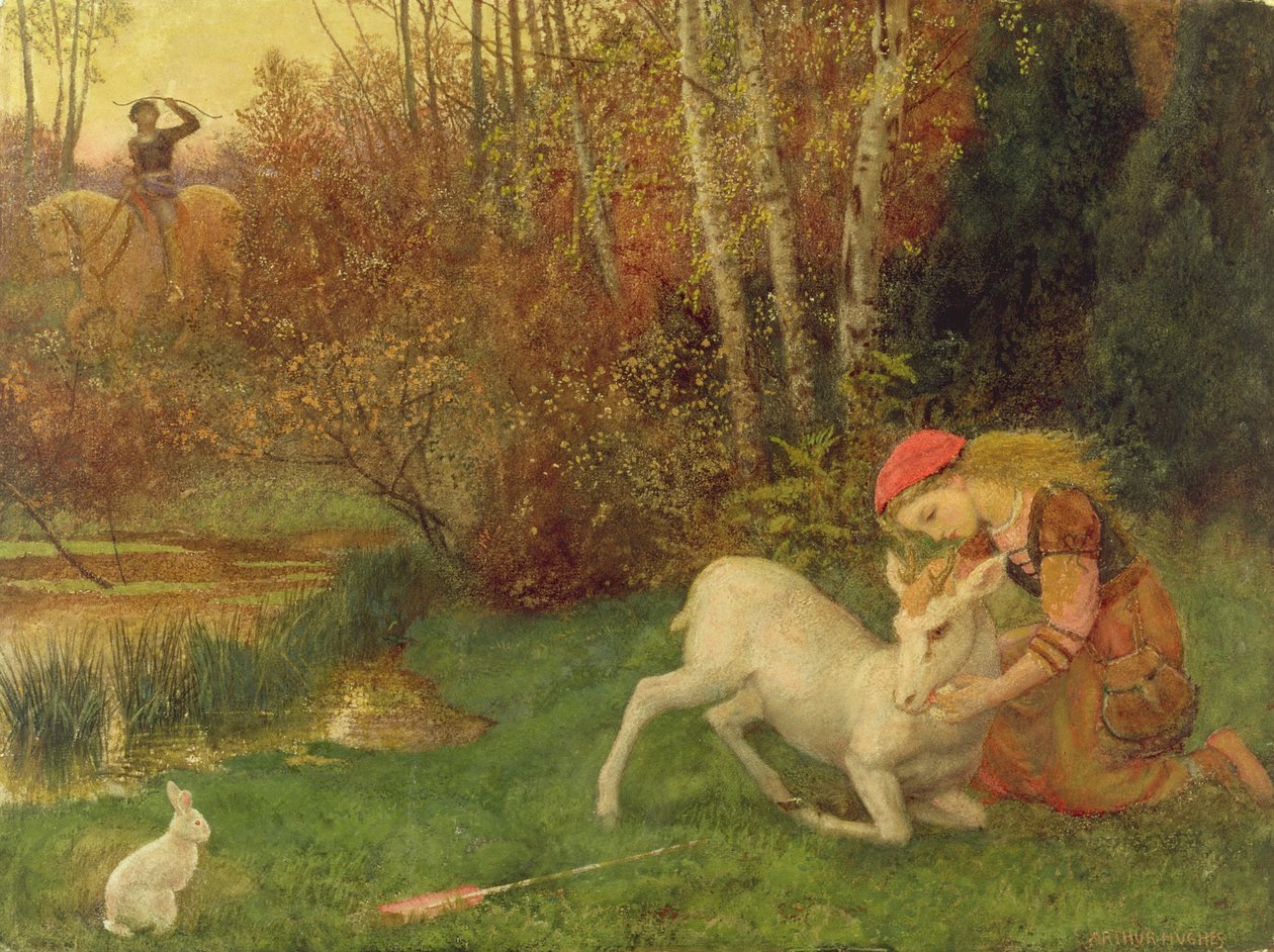 Biała łania, c.1870 (gwasz) autorstwa Arthur Hughes
