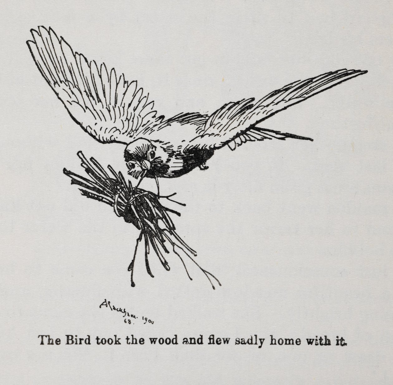 Ptak niosący wiązkę gałązek. autorstwa Arthur Rackham