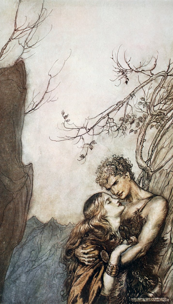 „Brunnhilda rzuca się w ramiona Zygfryda”, 1924. autorstwa Arthur Rackham