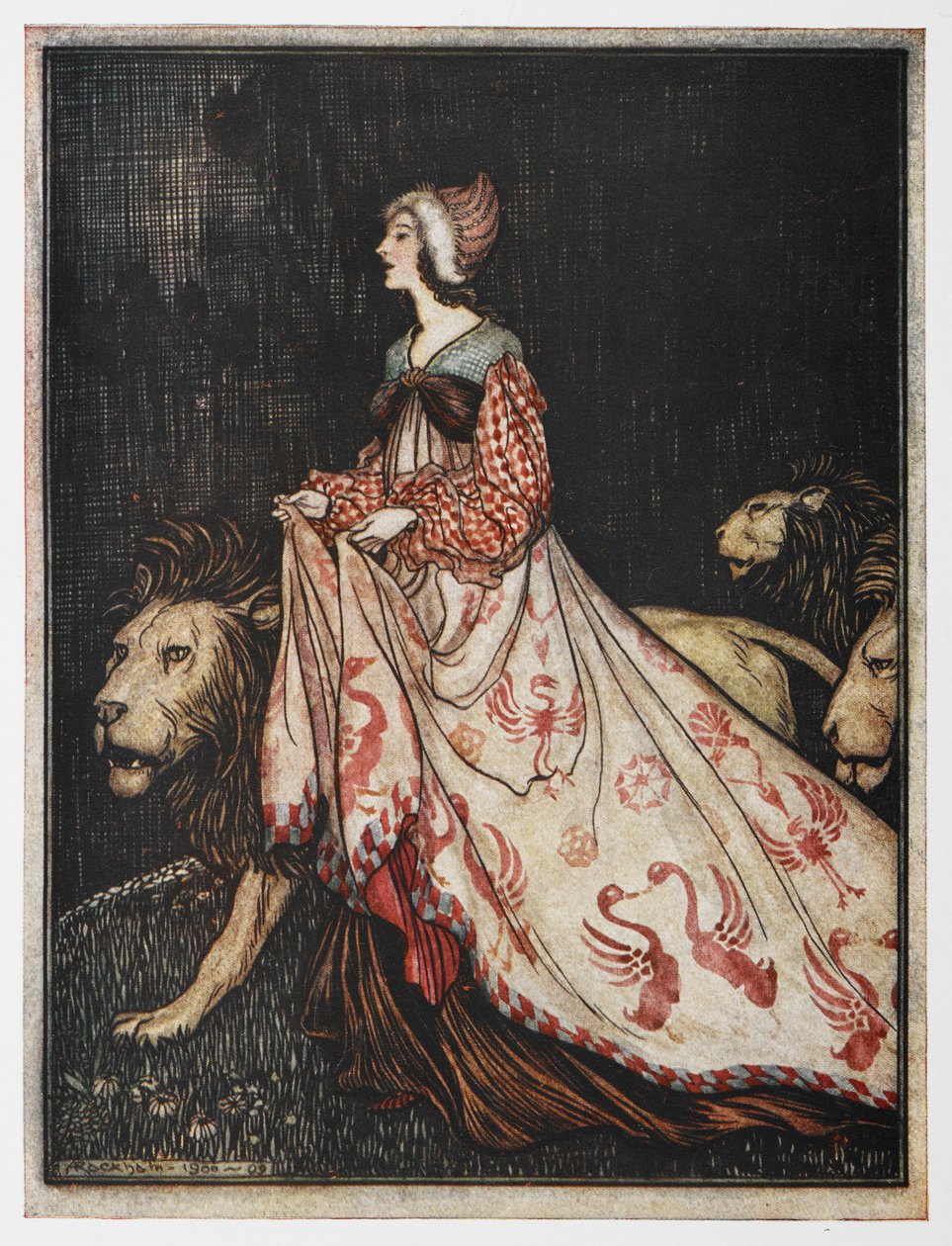 Ilustracja z Damy i lwa. autorstwa Arthur Rackham