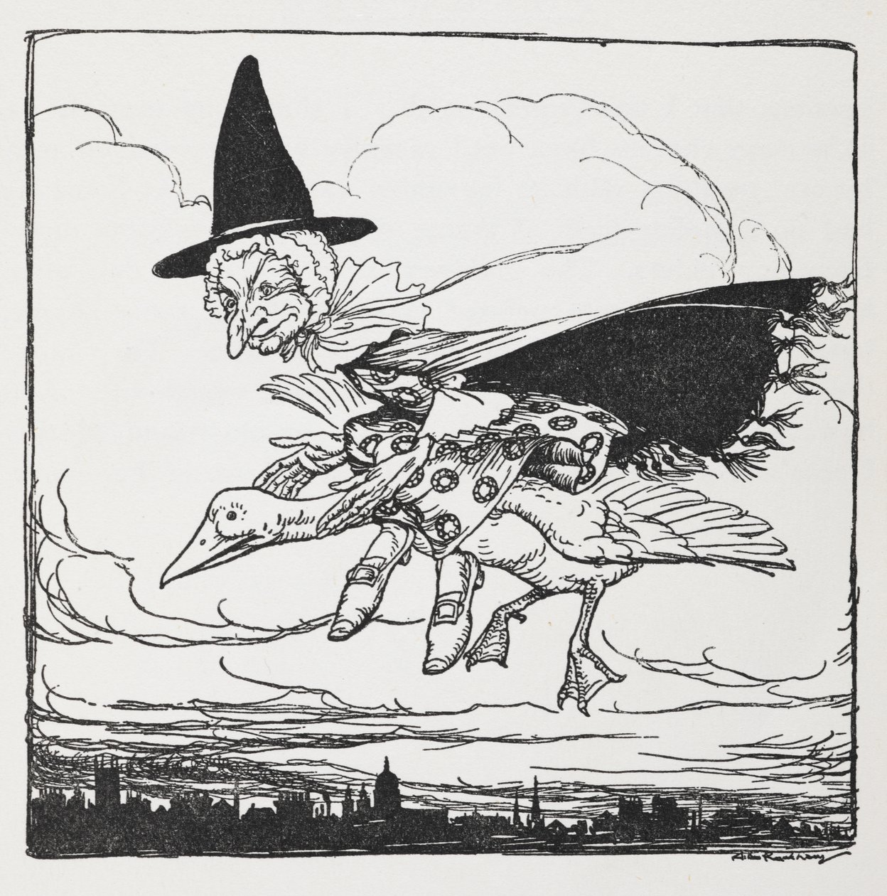 Matka gęś lecąca na gęsi. autorstwa Arthur Rackham