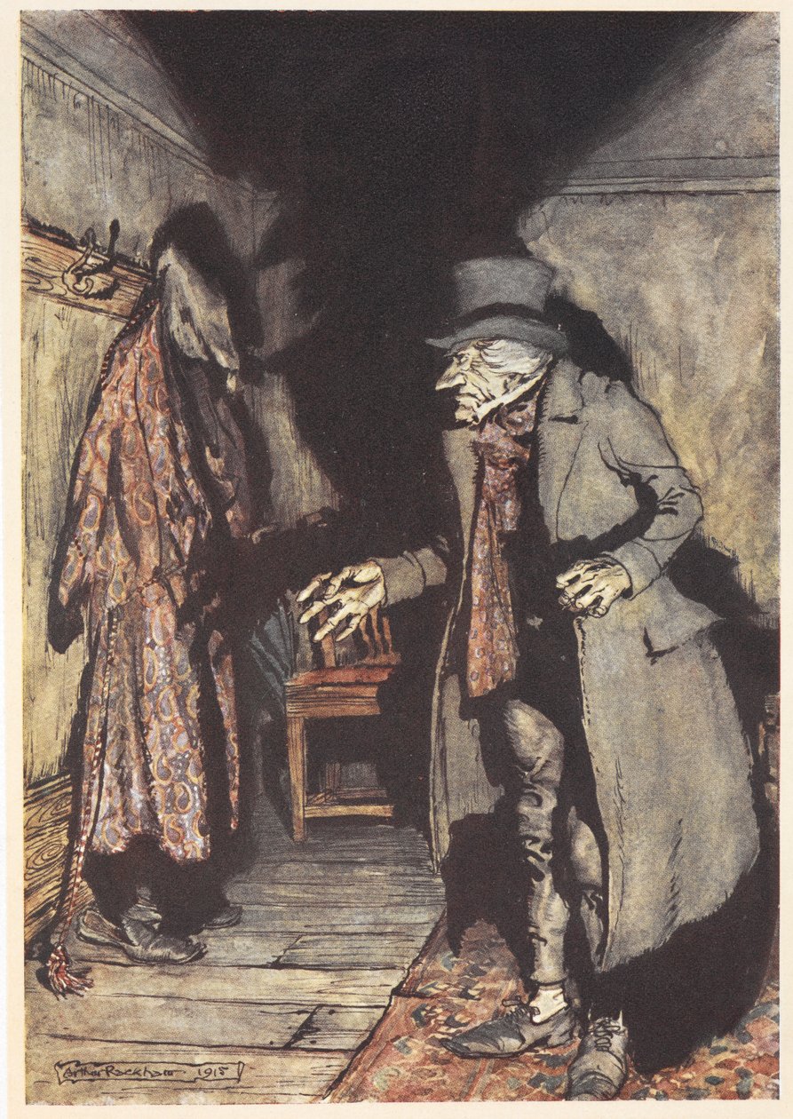 Scrooge w swoim domu w nocy autorstwa Arthur Rackham