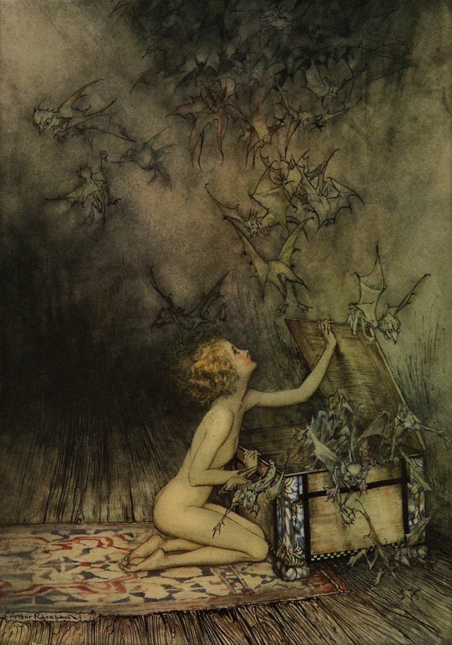 Młoda dziewczyna i jak nietoperz autorstwa Arthur Rackham