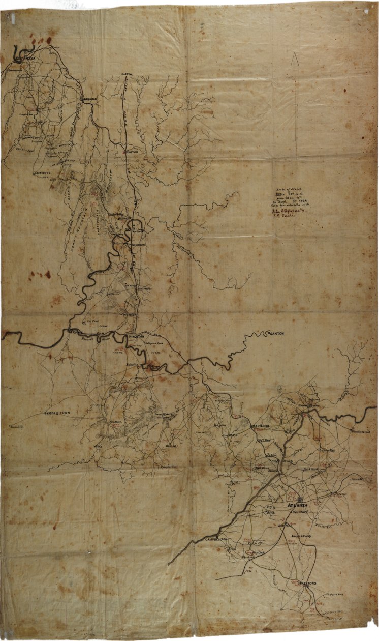 Rękopis mapa wojny domowej z kampanii generała Shermana w Atlancie, c.1864 autorstwa Asbury L. and Snell, J.P. Stevens