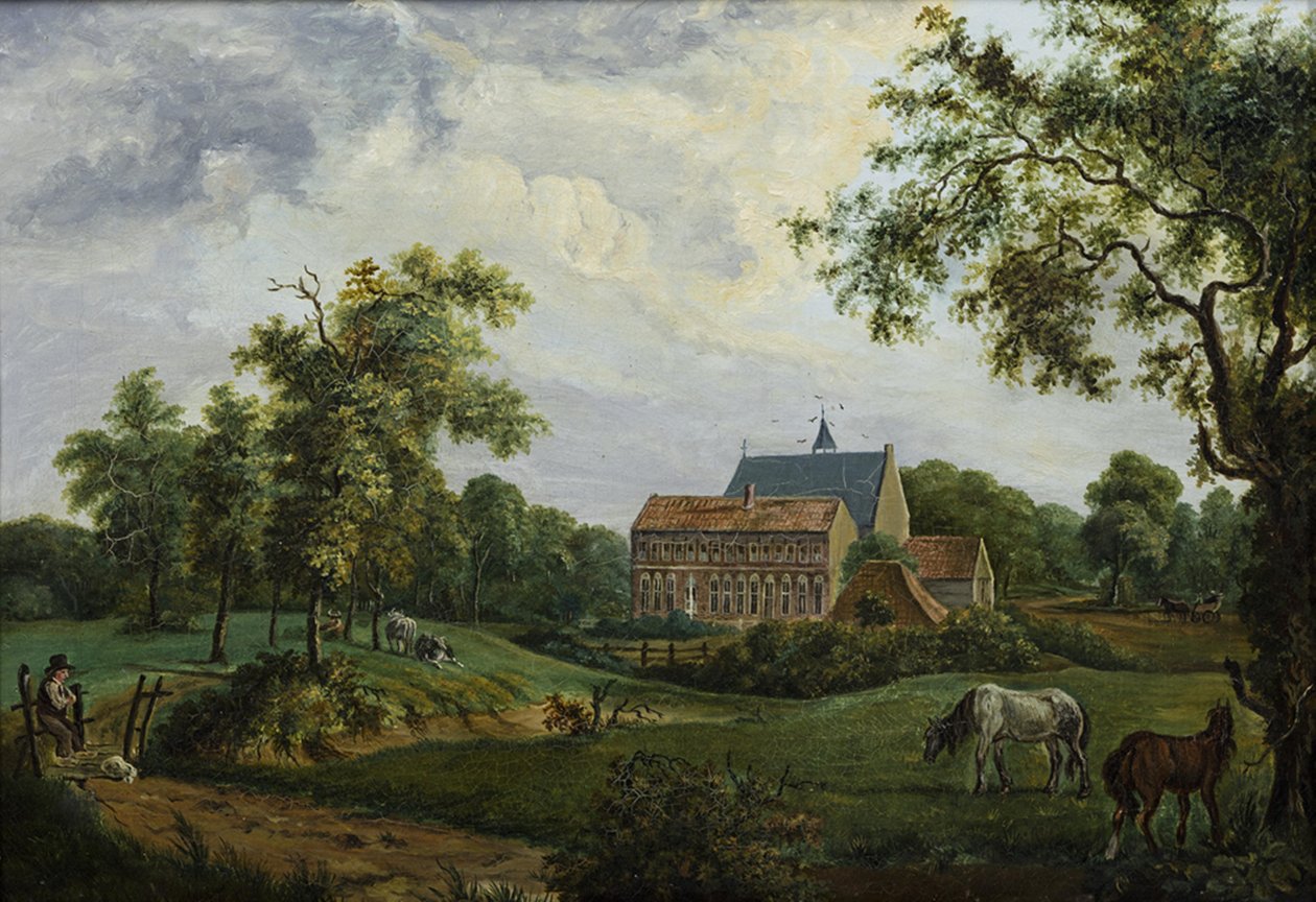 Klasztor Ter Apel z oryginalną górną kondygnacją w skrzydle północnym, rok przed rozbiórką w 1834 r. autorstwa Assuerus Quaestius