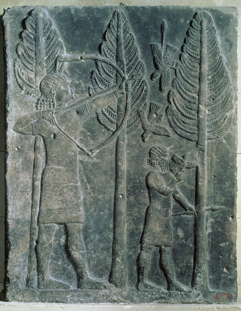 Relief przedstawiający polowanie na ptaki w lesie, z Pałacu Sargona II w Chorsabadzie w Iraku (gips) autorstwa Assyrian