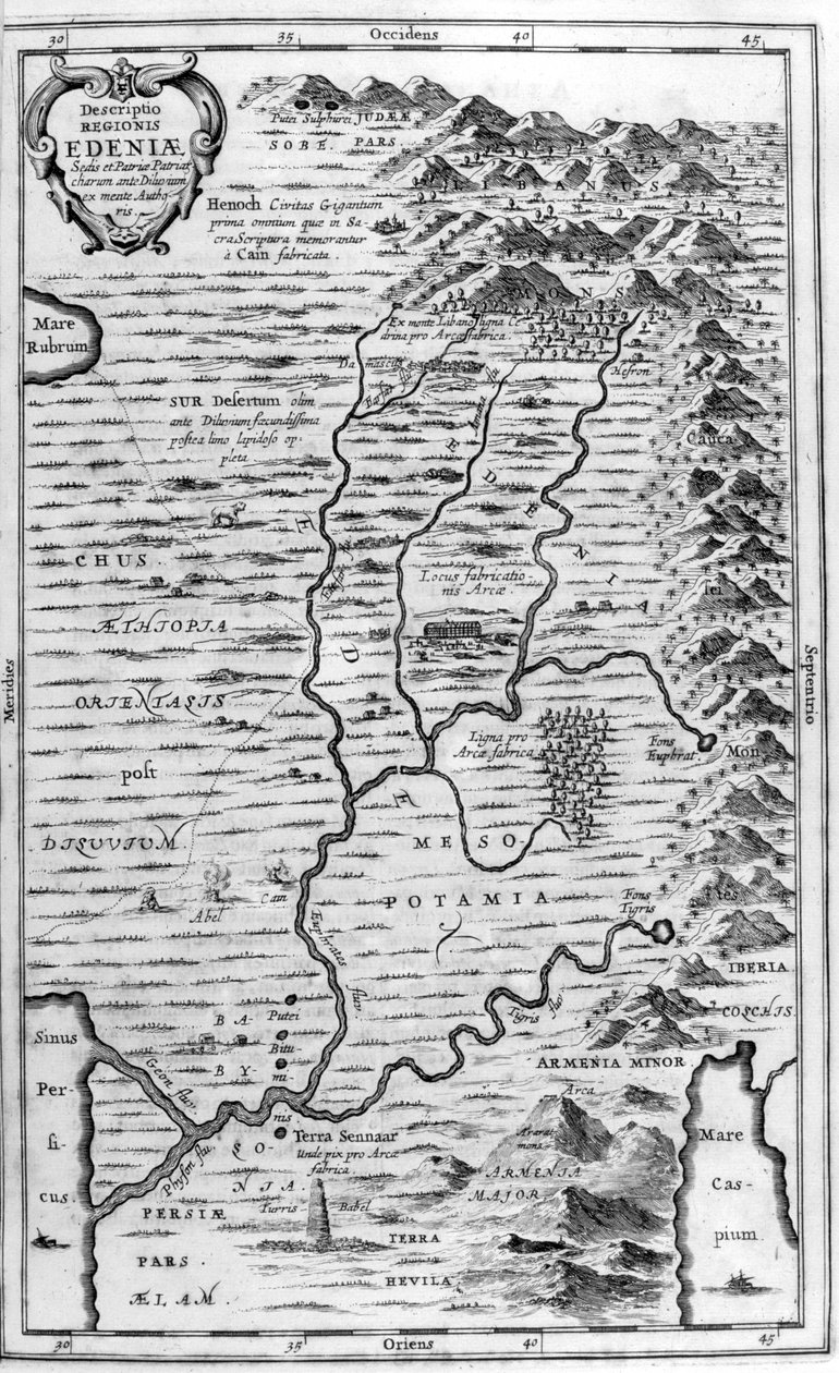 Mapa Ogrodu Eden, 1675 autorstwa Athanasius Kircher