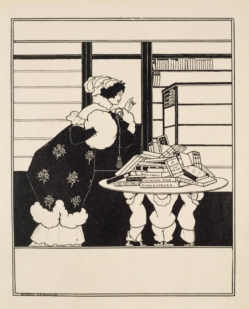 Kobieta w księgarni, projekt okładki „Żółtej księgi” (nieużywany) ok. 1894-5 autorstwa Aubrey Beardsley