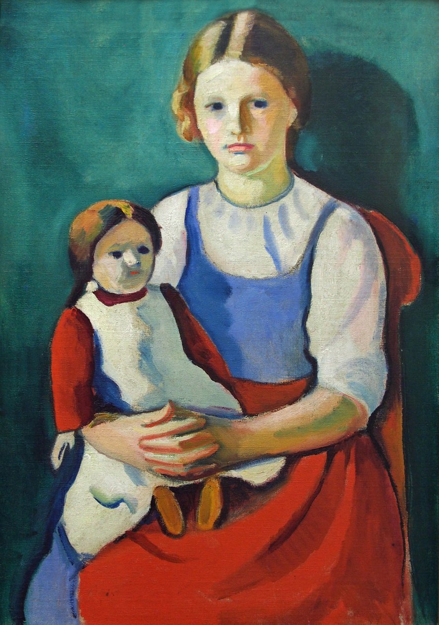 Blond dziewczyna z lalką autorstwa August Macke