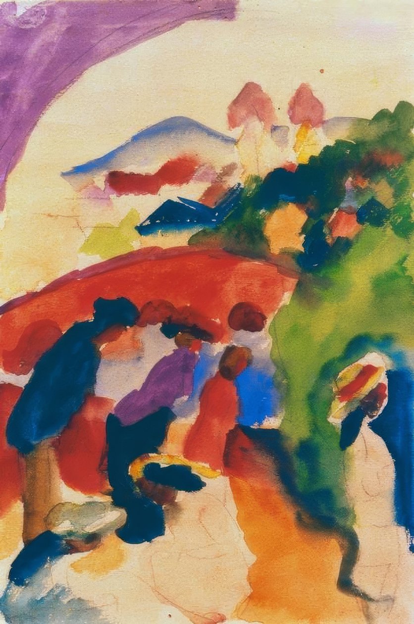 Wędrowcy z miastem autorstwa August Macke