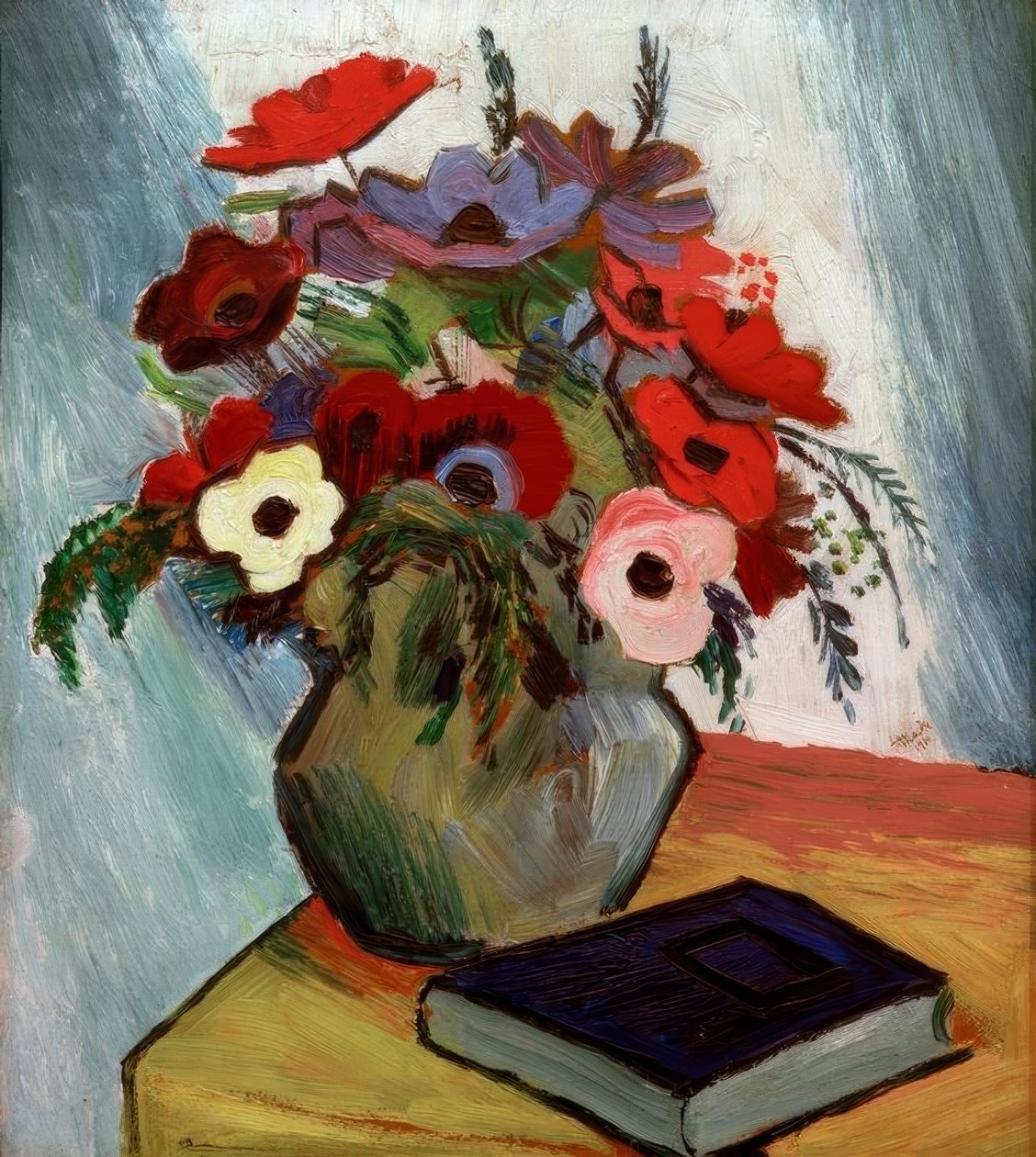 Martwa natura z zawilcami i niebieską książką autorstwa August Macke