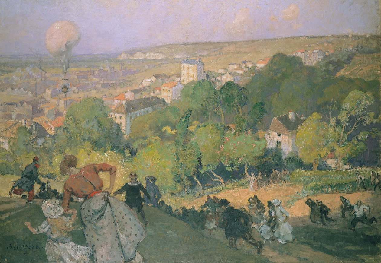 Lądowanie balonu w Pre St-Gervais, ok. 1885 r. autorstwa Auguste Louis Lepère