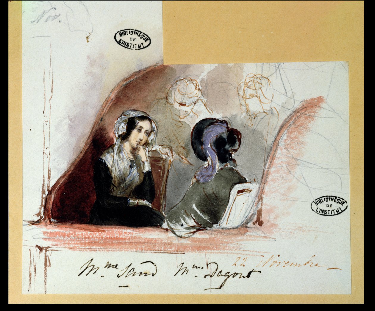 George Sand (1804-76) i Marie de Flavigny (1805-76) hrabina Agoult, w Komedii Francuskiej, 1834 autorstwa Auguste Odier