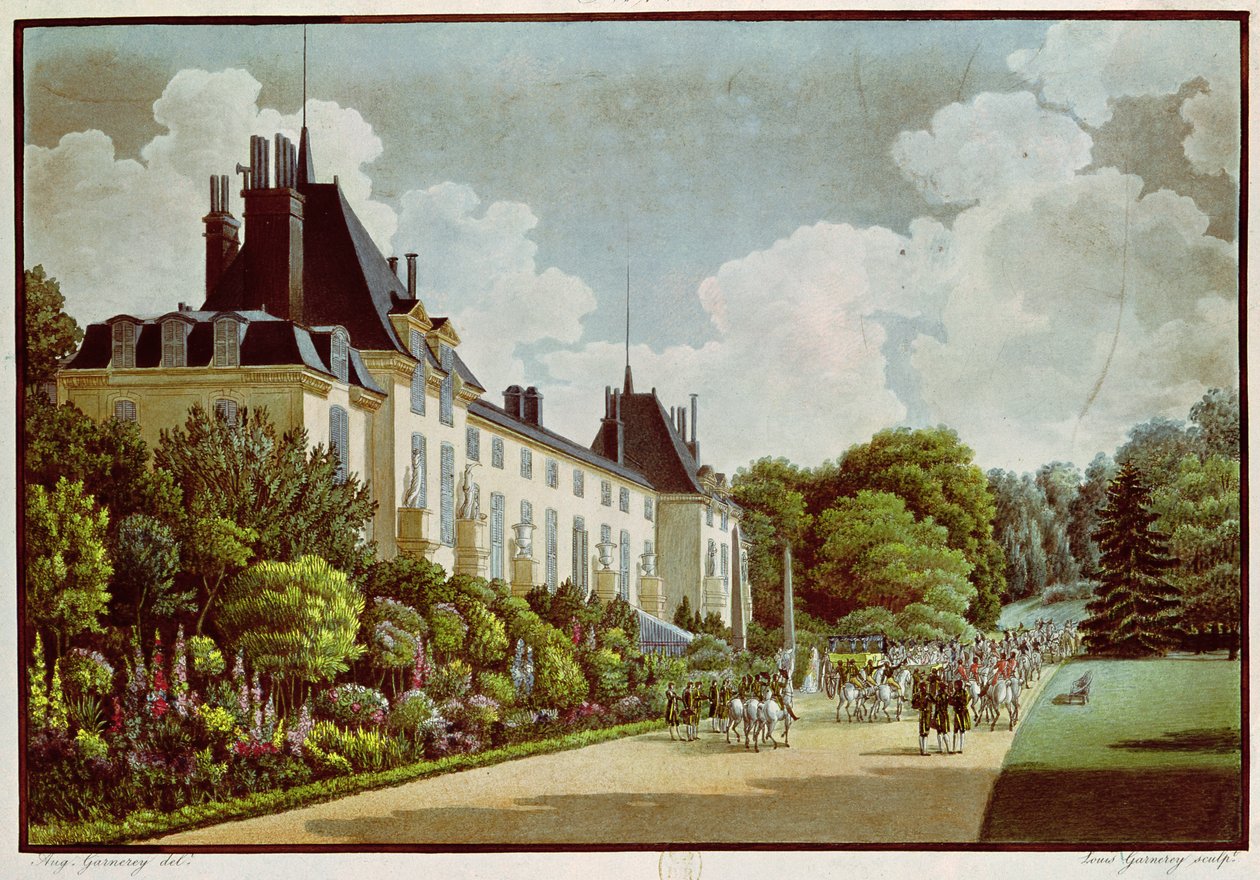 Widok na Chateau de la Malmaison obok parku, z „Widoków na Malmaison”, rytowany przez Louisa Garneraya (1783-1857) (akwatinta) autorstwa Auguste Simon Garneray