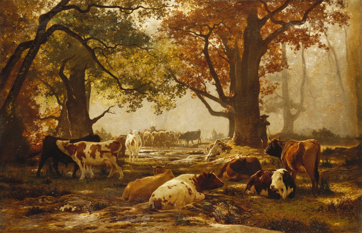 Bydło w zalesionym krajobrazie rzecznym, autorstwa Auguste Francois Bonheur
