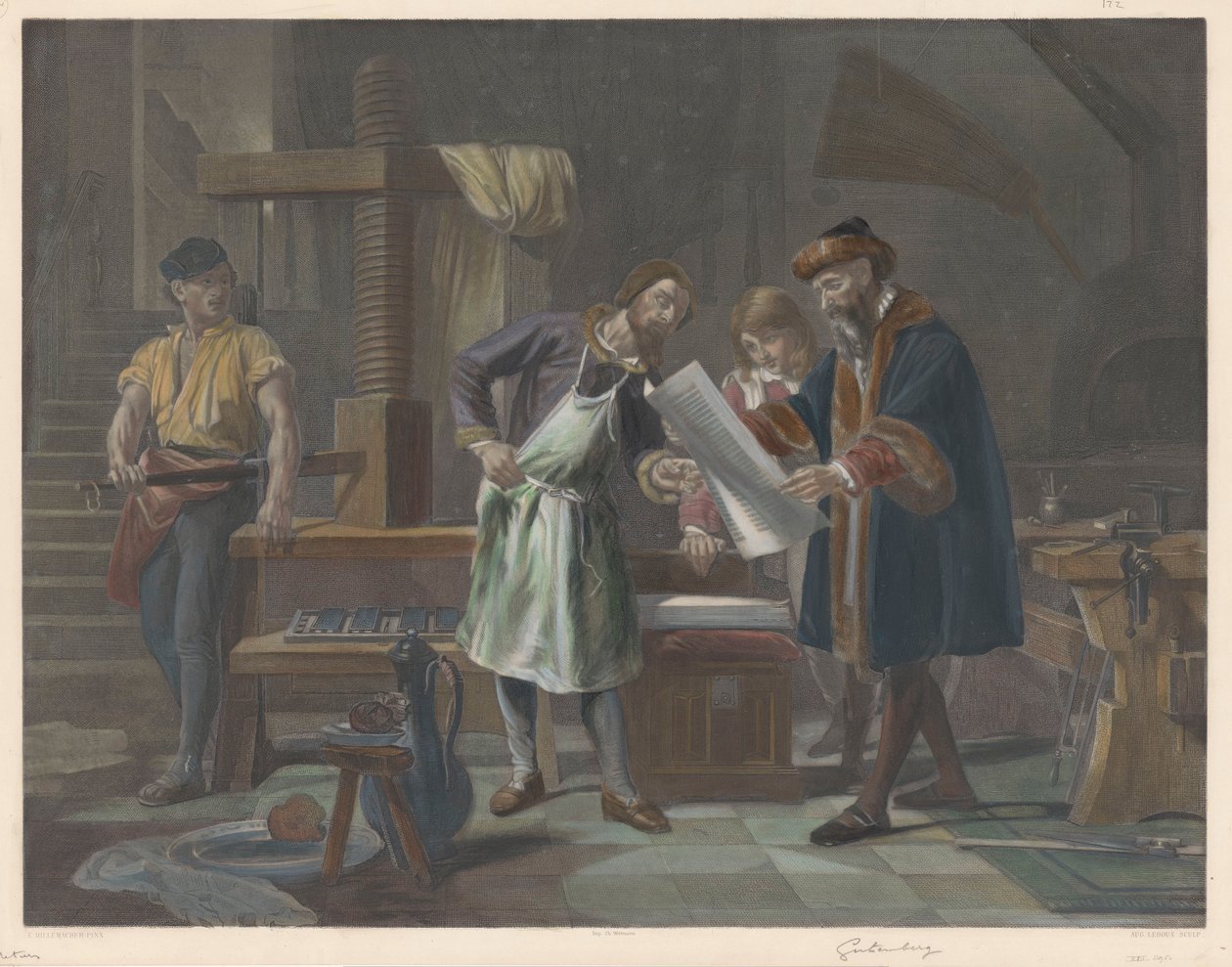 Wnętrze drukarni Johannesa Gutenberga autorstwa Auguste Ledoux