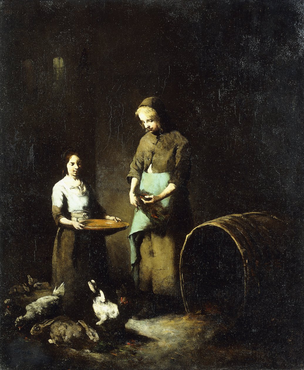 Młode chłopskie dziewczęta karmiące zwierzęta podwórkowe, autorstwa Auguste Theodule Ribot