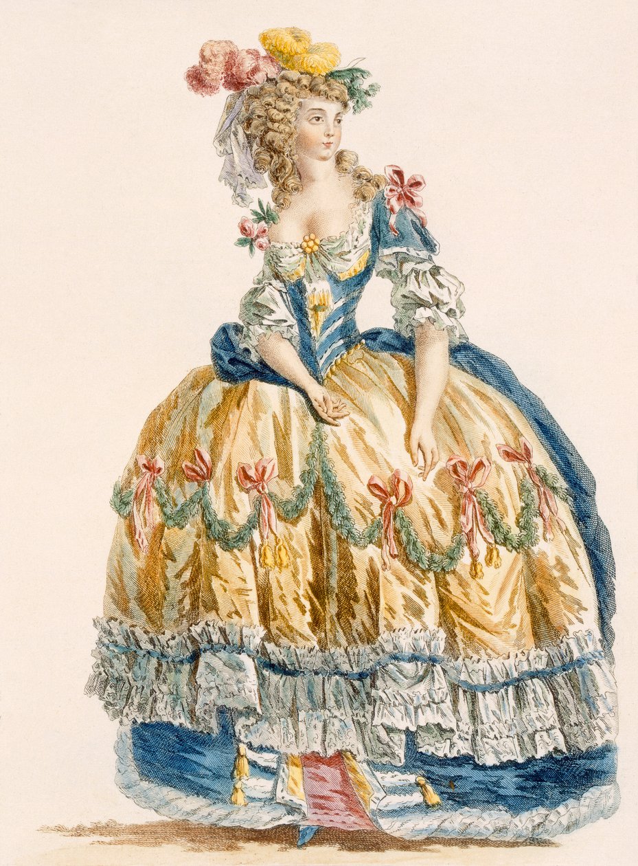 Wyszukana suknia balowa damy, grawerowana przez Dupina, z „Galeries des Modes et Costumes Francais”, c.1778-87 autorstwa Augustin de Saint Aubin
