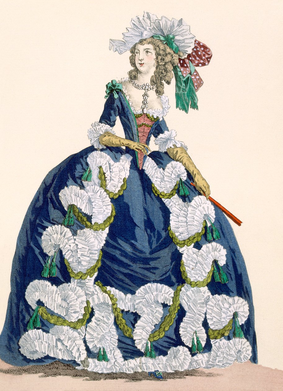 Elegancka królewska suknia dworska w kolorze granatowym z bujną białą falbanką, grawerowaną przez Dupina, płyta nr 277 z „Galeries des Modes et Costumes Francais”, ok. 1778-87 autorstwa Augustin de Saint Aubin