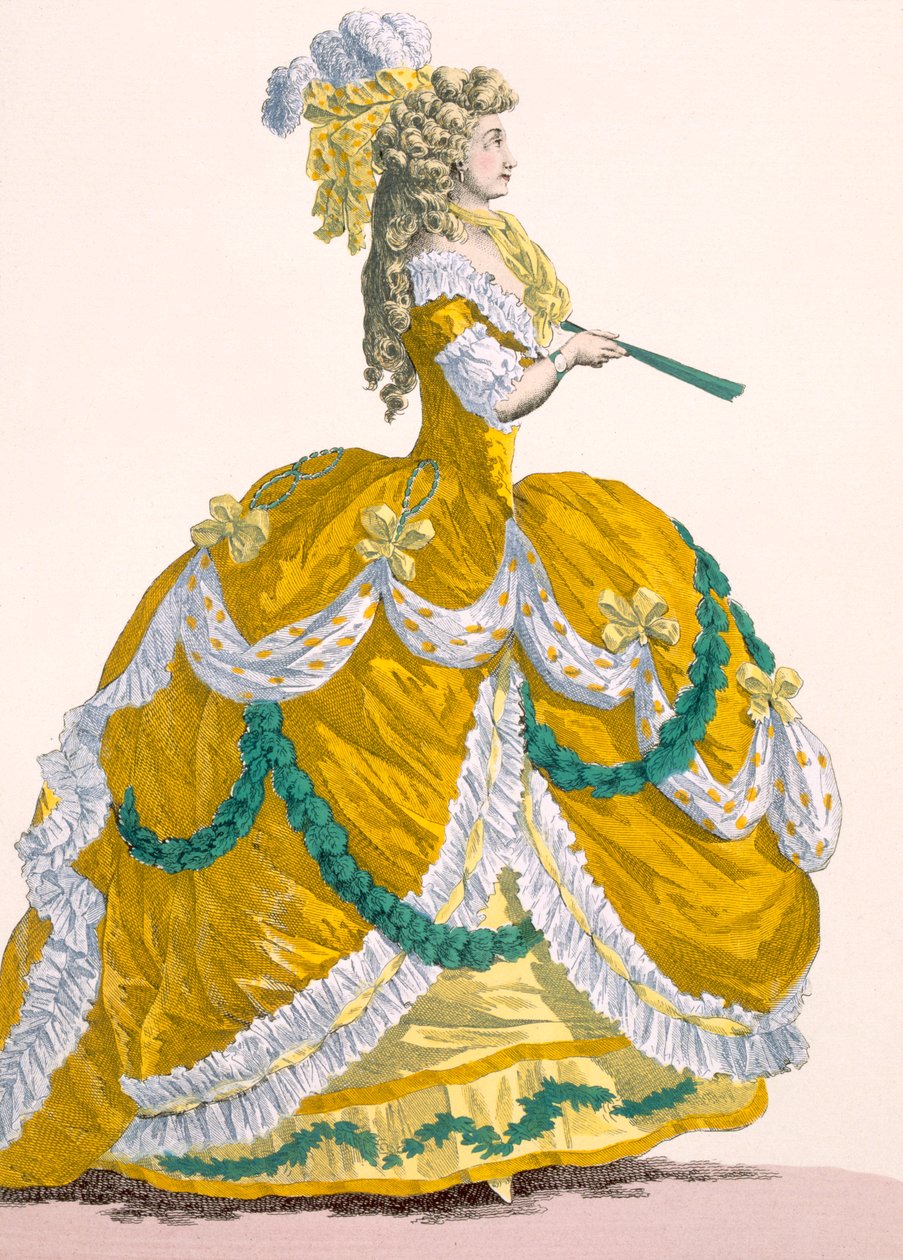 Damska suknia dworska z żółtego jedwabiu z biało-zielonymi brzegami z falbankami, grawerowana przez Dupina, płyta nr 274 z „Galeries des Modes et Costumes Francais”, ok. 1778-87 99: odzież; tradycja autorstwa Augustin de Saint Aubin