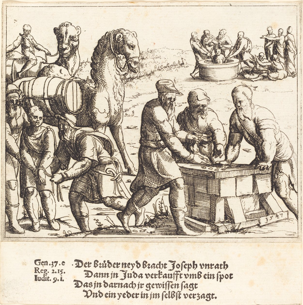 Józef sprzedany Izmaelitom, 1547. autorstwa Augustin Hirschvogel