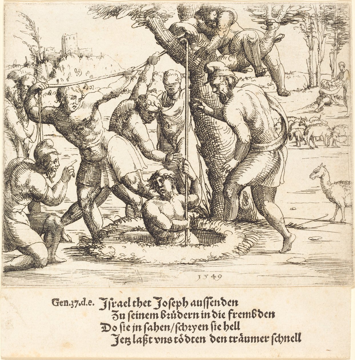 Józef wrzucony do studni, 1549. autorstwa Augustin Hirschvogel