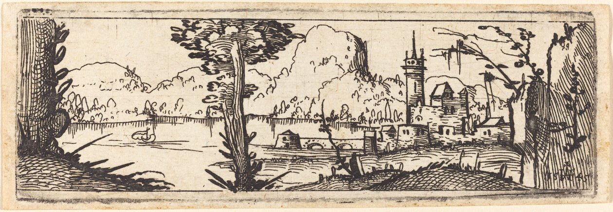 Krajobraz z jeziorem i miastem, 1545. autorstwa Augustin Hirschvogel