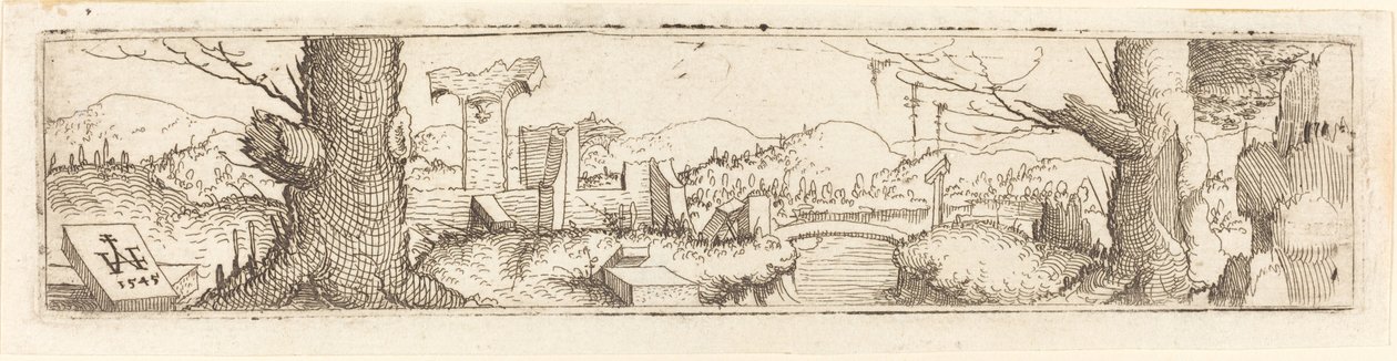 Krajobraz z potokiem i ruinami, 1545. autorstwa Augustin Hirschvogel