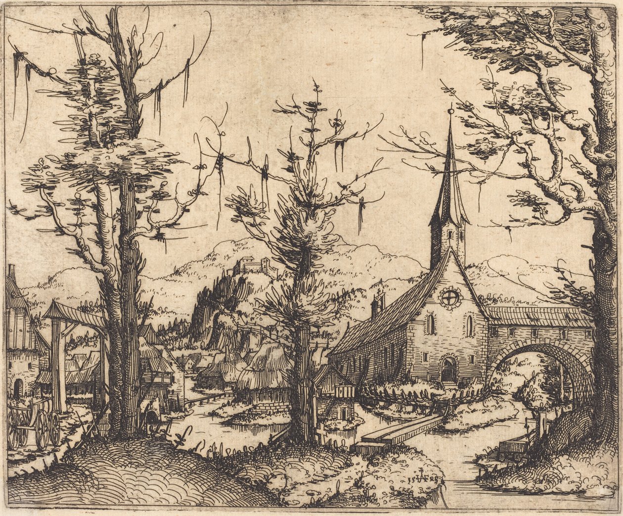 Krajobraz z wiejskim kościołem, 1545. autorstwa Augustin Hirschvogel