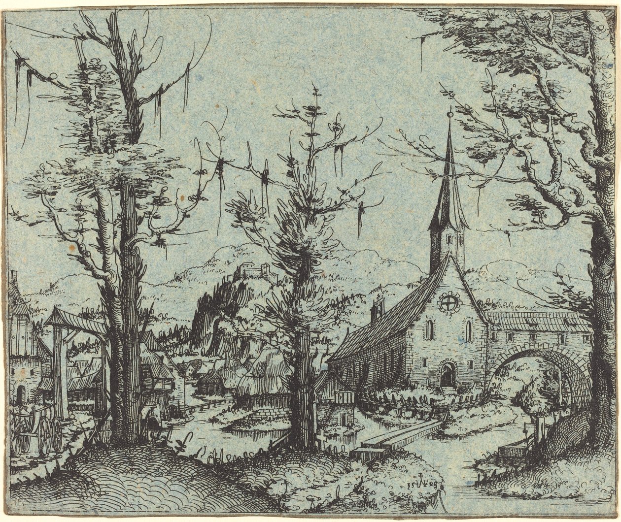 Krajobraz z wiejskim kościołem, 1545. autorstwa Augustin Hirschvogel
