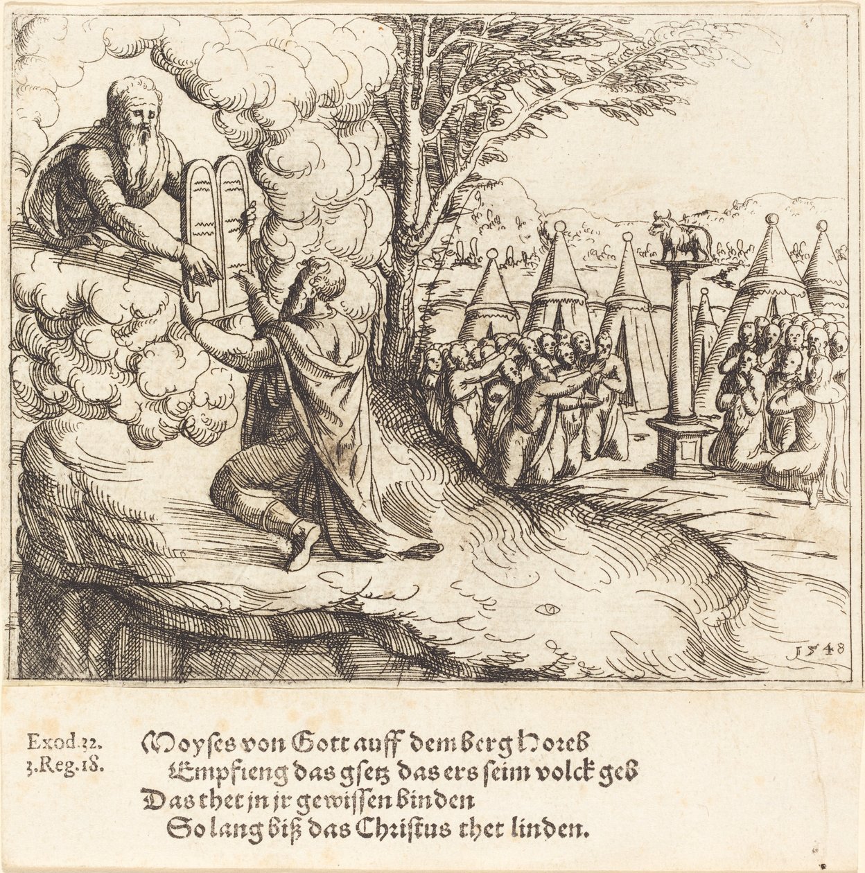 Mojżesz otrzymuje tablice, 1548. autorstwa Augustin Hirschvogel