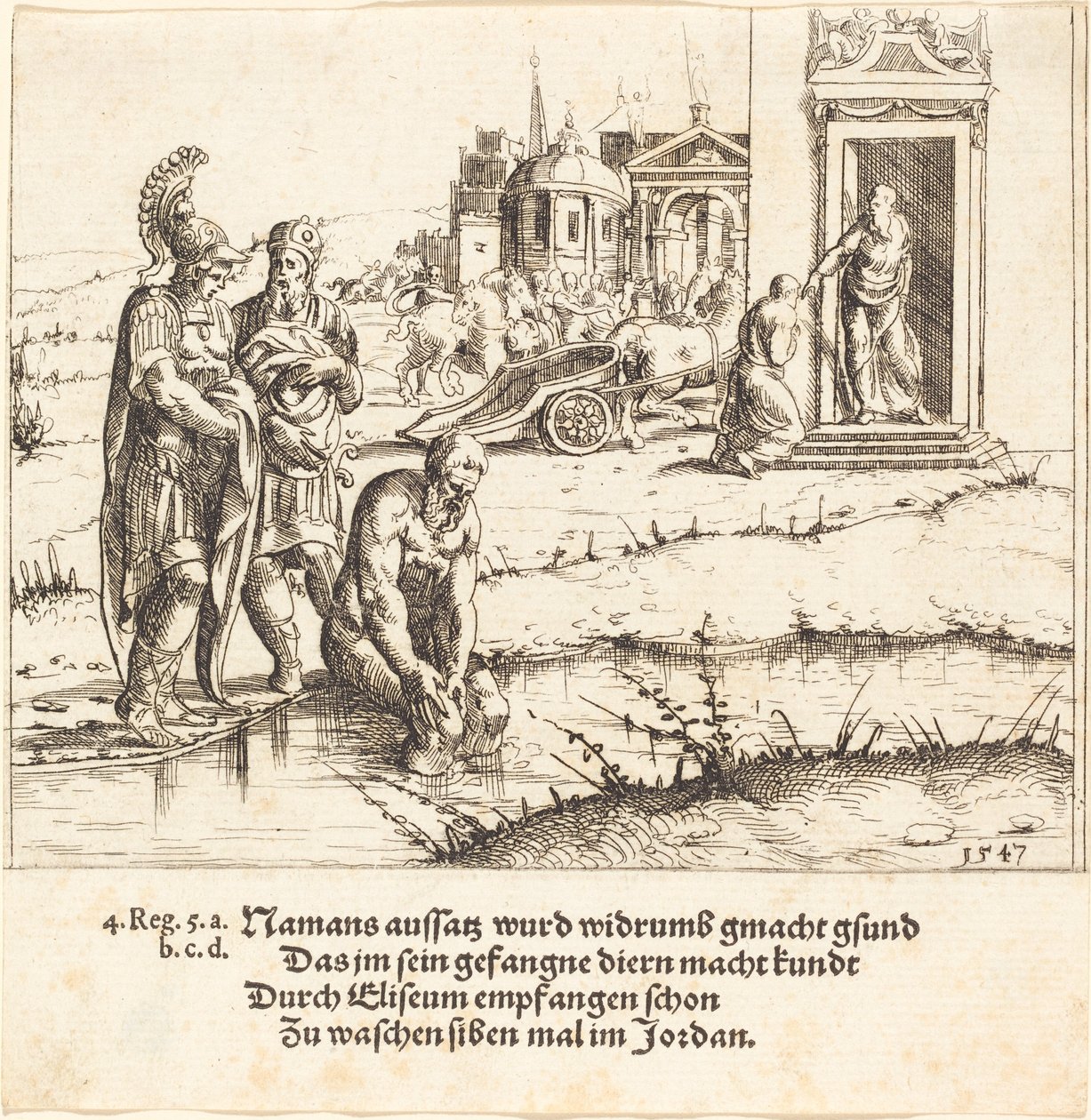 Naaman jest wyleczony z trądu, 1547. autorstwa Augustin Hirschvogel