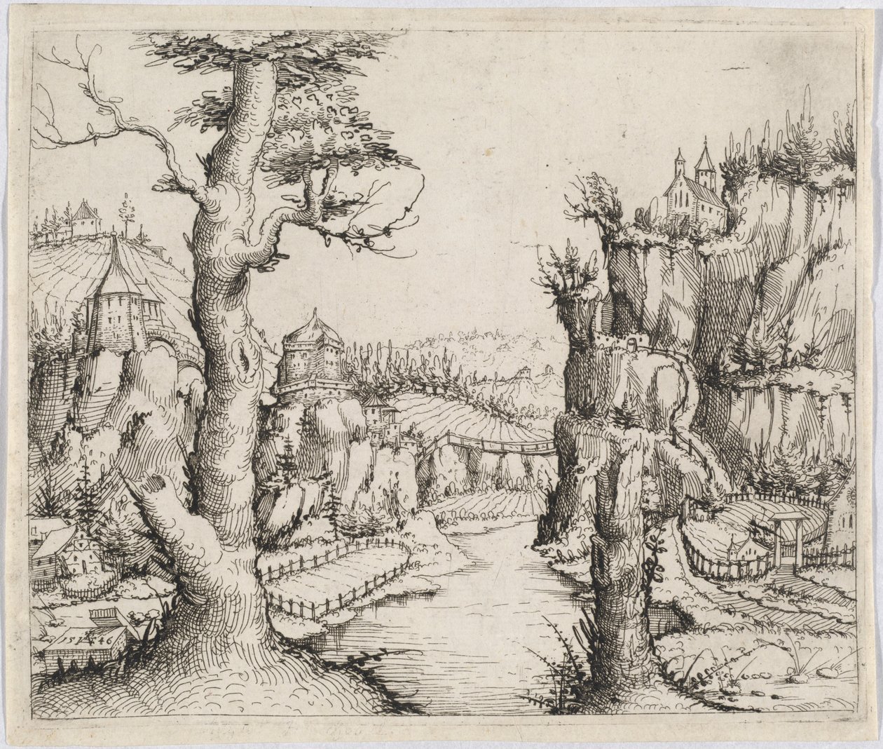 Krajobraz rzeczny z wysokimi klifami, 1546. autorstwa Augustin Hirschvogel
