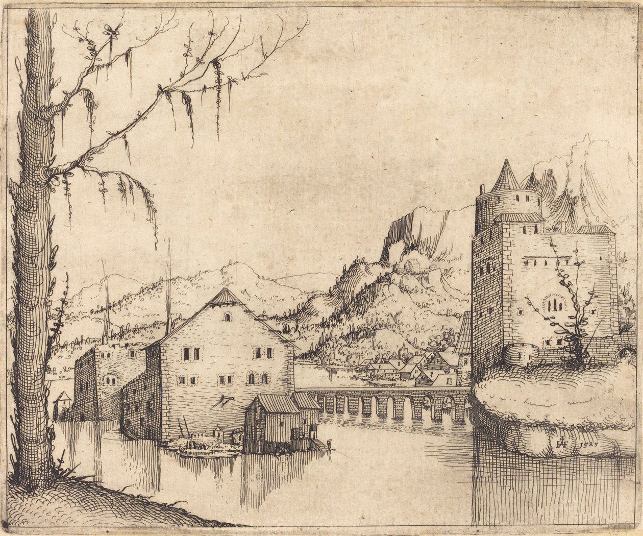 Krajobraz rzeczny z dwoma budynkami, 1545. autorstwa Augustin Hirschvogel