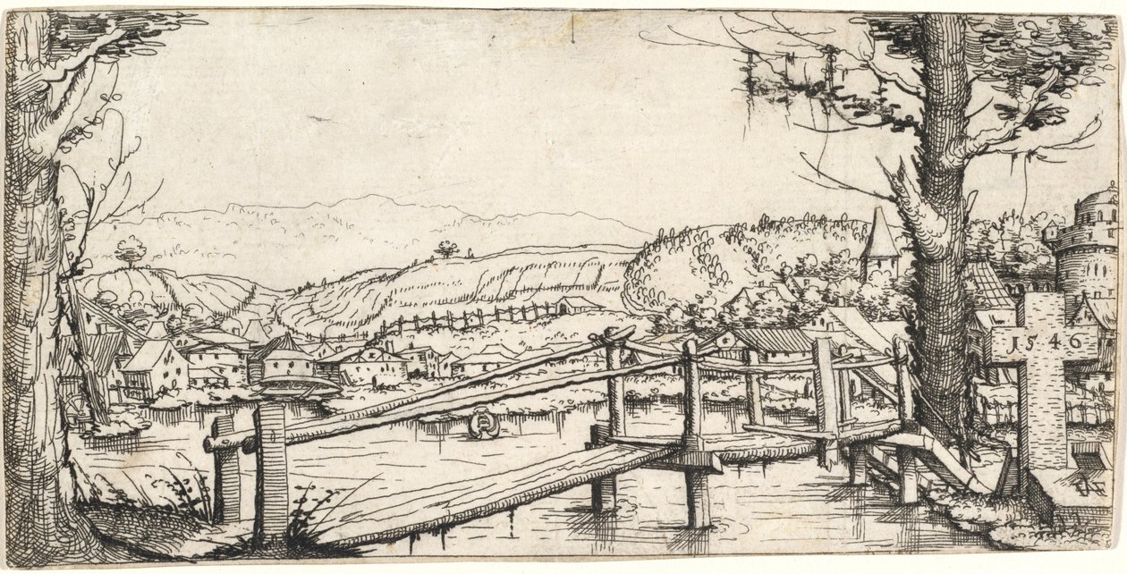 Krajobraz rzeczny z kładką, 1546. autorstwa Augustin Hirschvogel