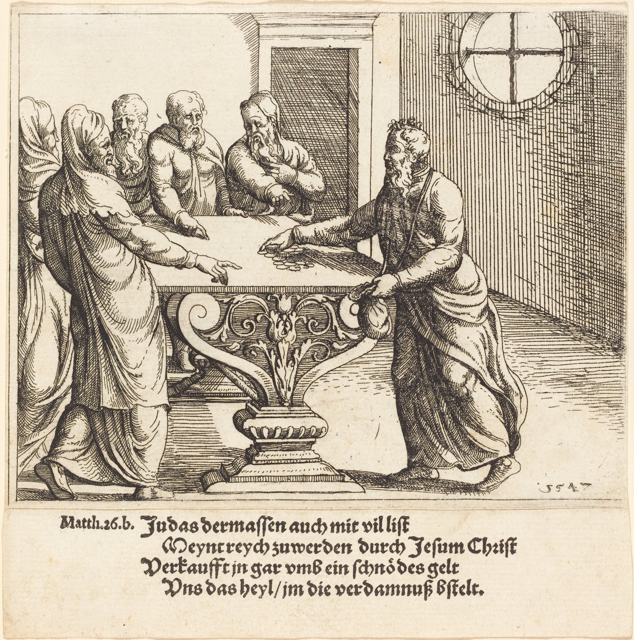 Zapłata Judasza, 1547. autorstwa Augustin Hirschvogel