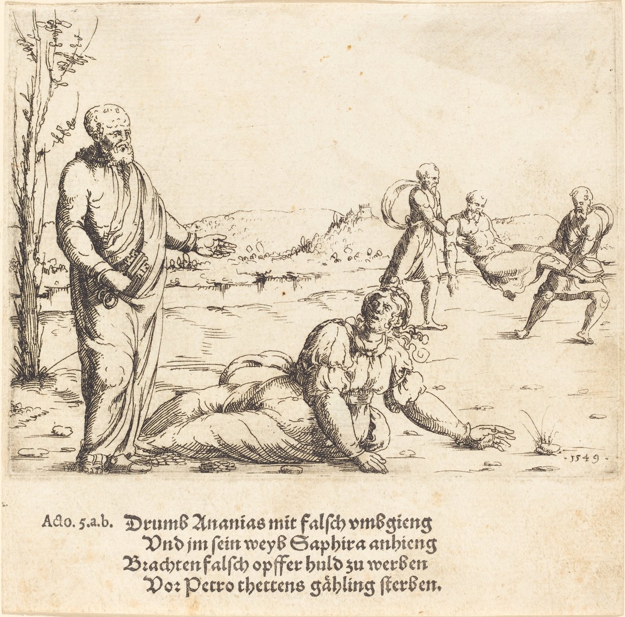 Kara Ananiasza i Safiry, 1549. autorstwa Augustin Hirschvogel