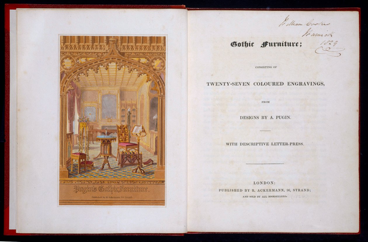Strona tytułowa i frontyspis Meble gotyckie, Pugin, Augustus Charles (1762-1832), 1826 autorstwa Augustus Charles Pugin