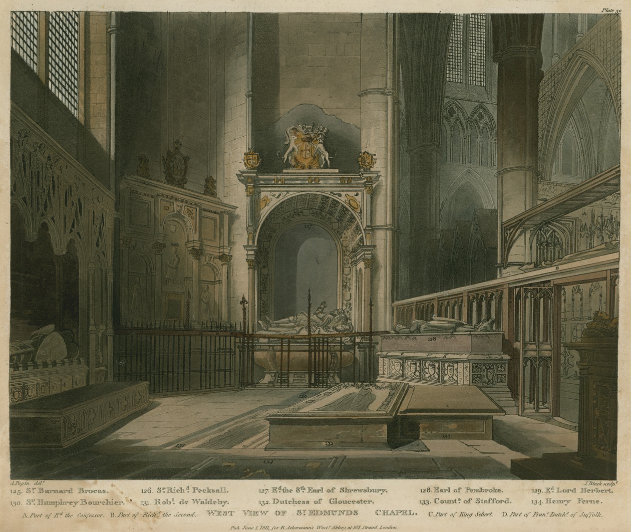 Widok zachodni na kaplicę św Edmunda, Opactwo Westminsterskie, Londyn autorstwa Augustus Charles Pugin