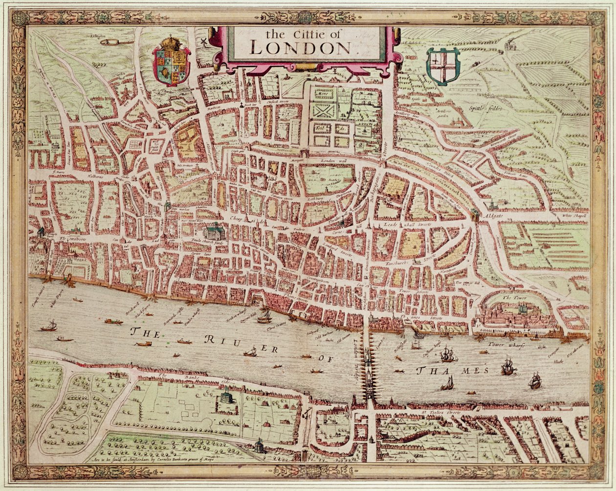 Mapa „Cittie of London”, 1633 (ręcznie barwiony grawerunek) autorstwa Augustus Ryther