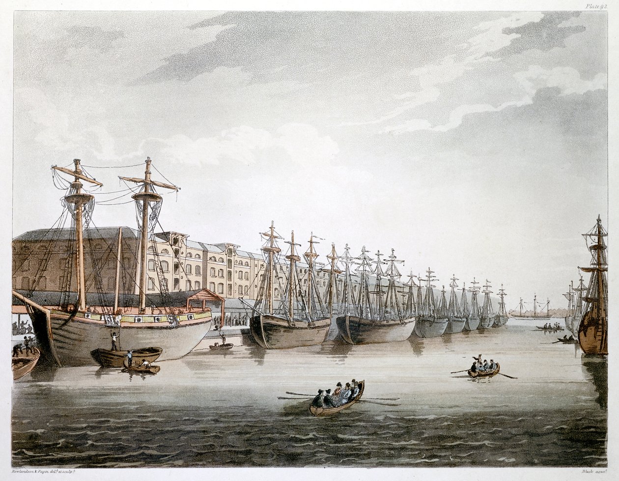 West India Docks, Londyn, 1808-1810 autorstwa Augustus Charles Pugin, Thomas Rowlandson