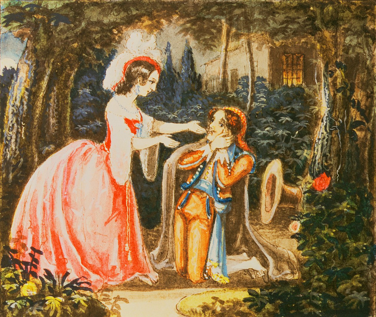 Hrabia Almaviva klęka przed żoną w żalu, akt IV, z „Wesela Figara” Wolfganga Amadeusza Mozarta (1756-91) autorstwa Austrian School