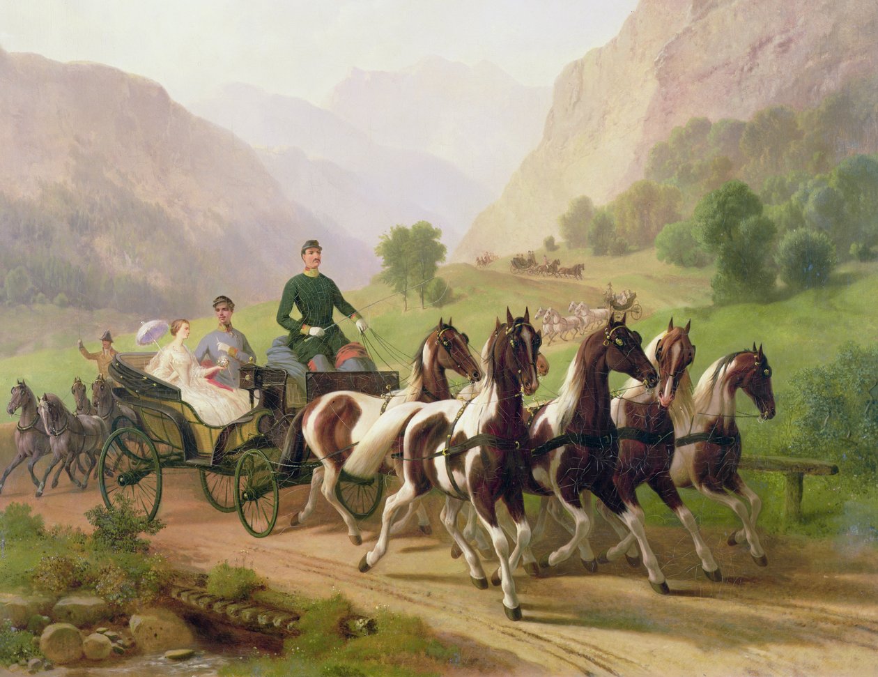 Cesarz Austrii Franciszek Józef I, jadący w powozie z żoną Elżbietą Bawarską w Bad Ischl, 1855 r. autorstwa Austrian School