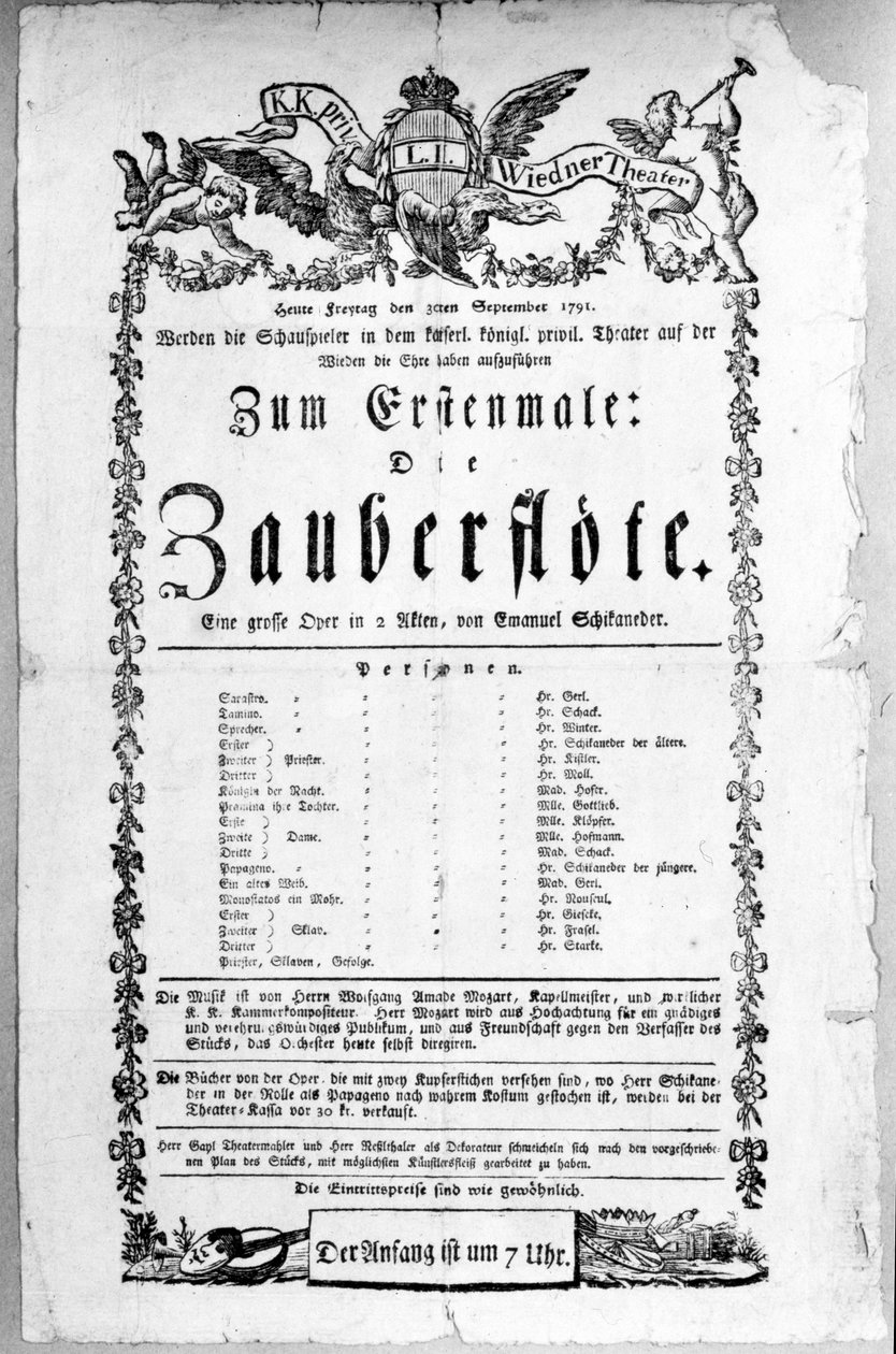 Plakat reklamujący premierę „Czarodziejskiego fletu” Wolfganga Amadeusza Mozarta we Freihaustheater (obecnie Theater an der Wien), 1791 autorstwa Austrian School