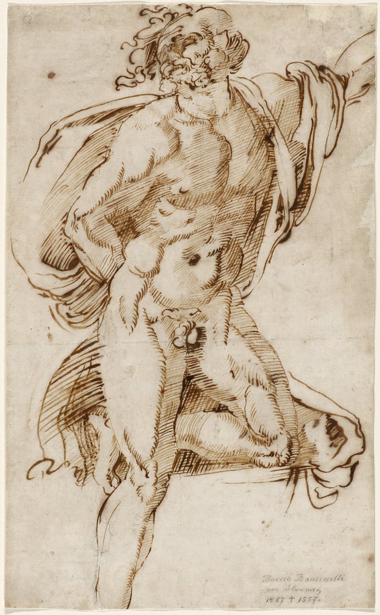 Akt mężczyzny wspartego na jednym kolanie w pozie contrapposto (studium związane z Laocoön), ok. 1520-25 (pióro i tusz z żółci żelazowej na papierze kładzionym) autorstwa Baccio Bandinelli