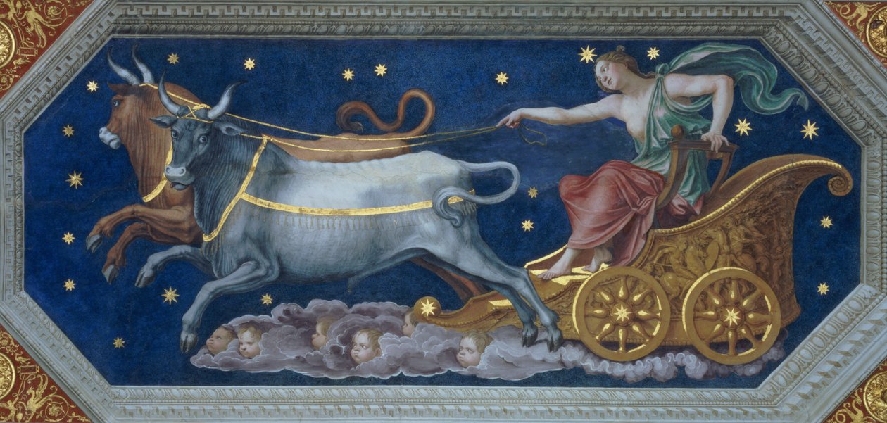 Nimfa Callisto na rydwanie Jowisza, dekoracja sufitowa z "Sala di Galatea", 1511-12 r. autorstwa Baldassarre Peruzzi