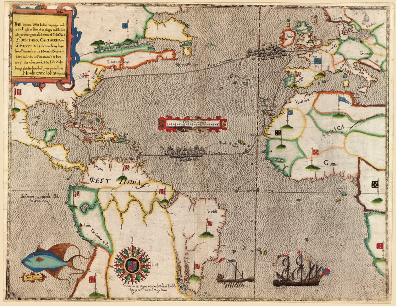 Trasa rejsu Drakesa przez Ocean Atlantycki, 1586 r. autorstwa Baptista Boazio