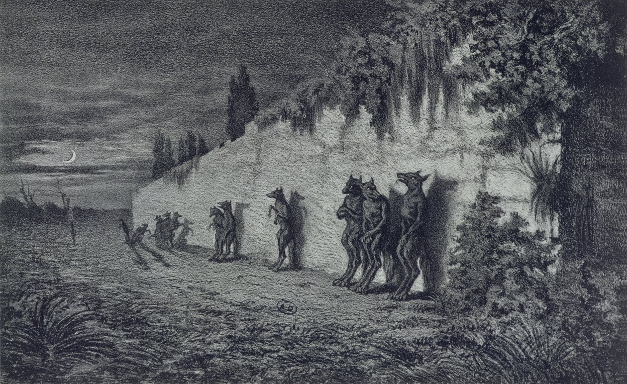 Wilkołaki, ilustracja do „Legendes Rustiques” George Sand (1804-76) 1858 autorstwa Maurice Sand