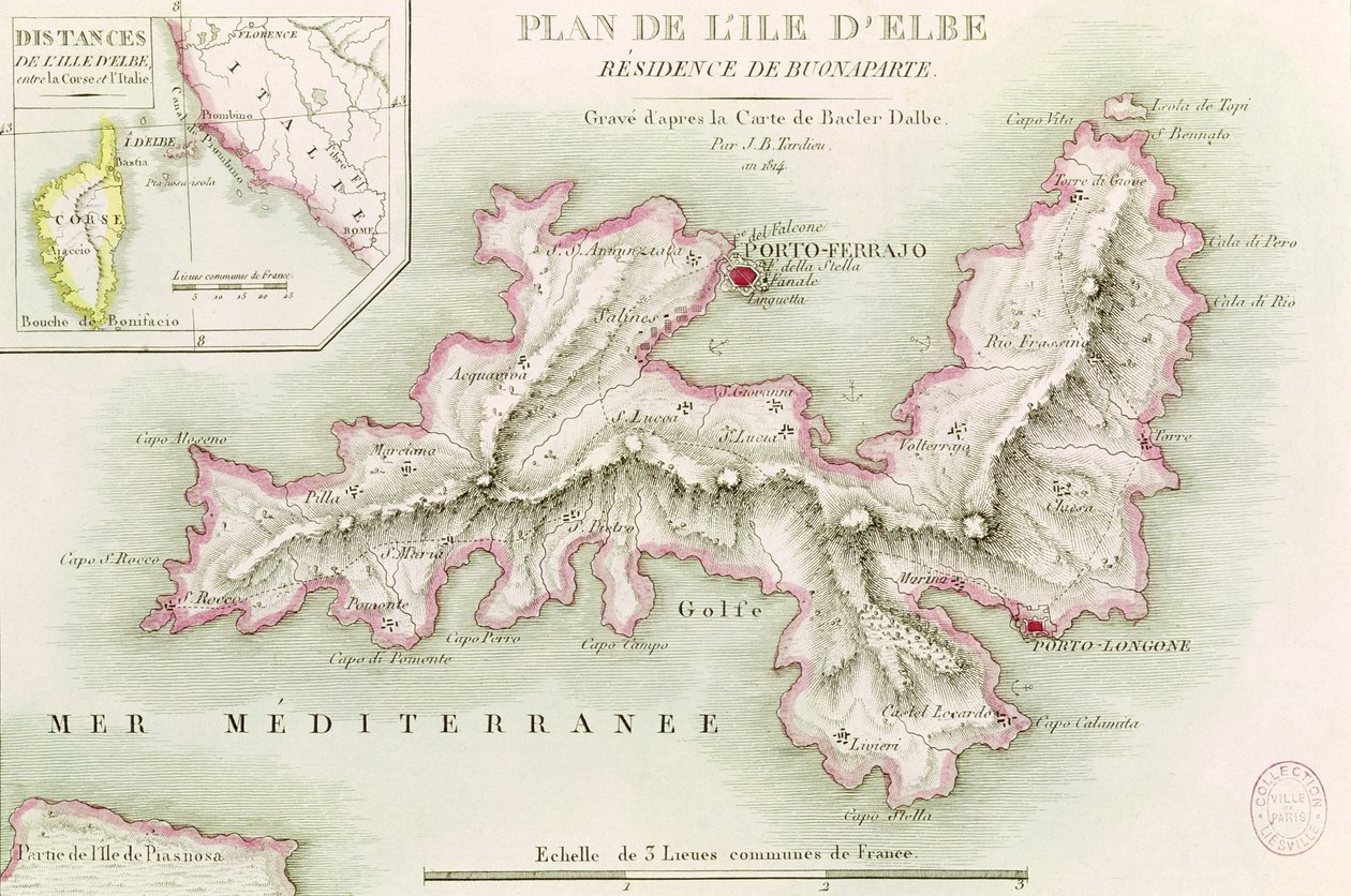 Mapa wyspy Elba, rytowana przez Jean-Baptiste Tardieu (1768-1837) 1814 autorstwa Baron Louis Albert Bacler d